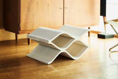 Cat Cellar mini(white)— wave-shaped designer cat scratcher and hideaway, cardboard, side view