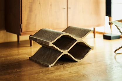 Cat Cellar mini(brown) — wave-shaped designer cat scratcher and hideaway, cardboard, side view
